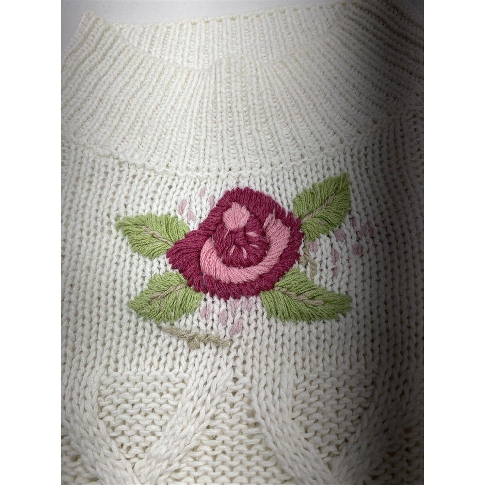 VTG Basket of Yarn Floral Embroidered Sweater M Cream Ramie Cotton - Picture 7 of 13